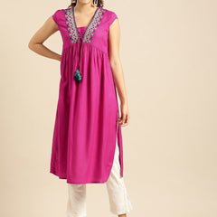 Beautiful Rani Pink Embroidered Rayon Kurta for Women