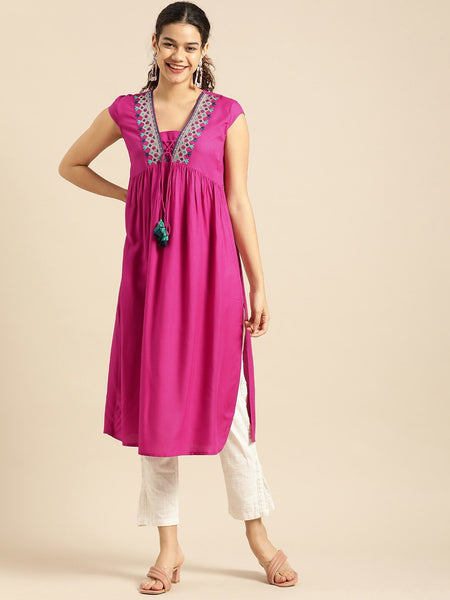 Beautiful Rani Pink Embroidered Rayon Kurta for Women