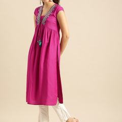 Rani Pink Embroidered Rayon Kurta 