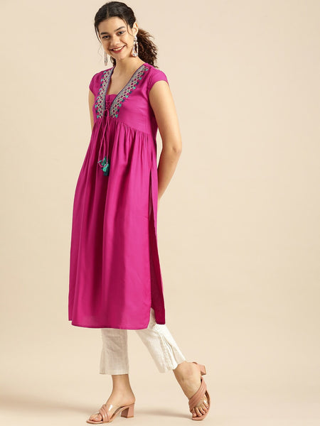 Rani Pink Embroidered Rayon Kurta 
