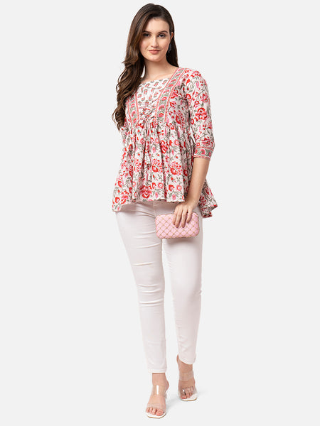 Women's White Embroidered Rayon Top