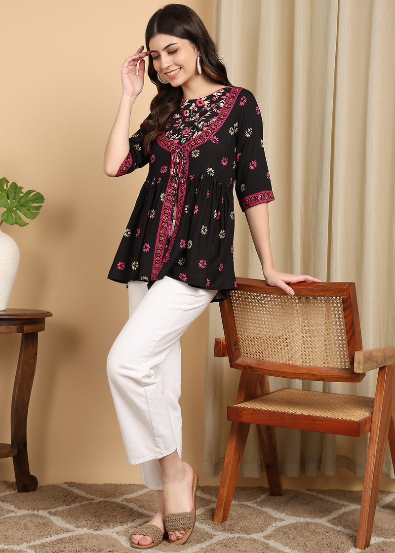 Women's Black Printed Rayon Casual Top