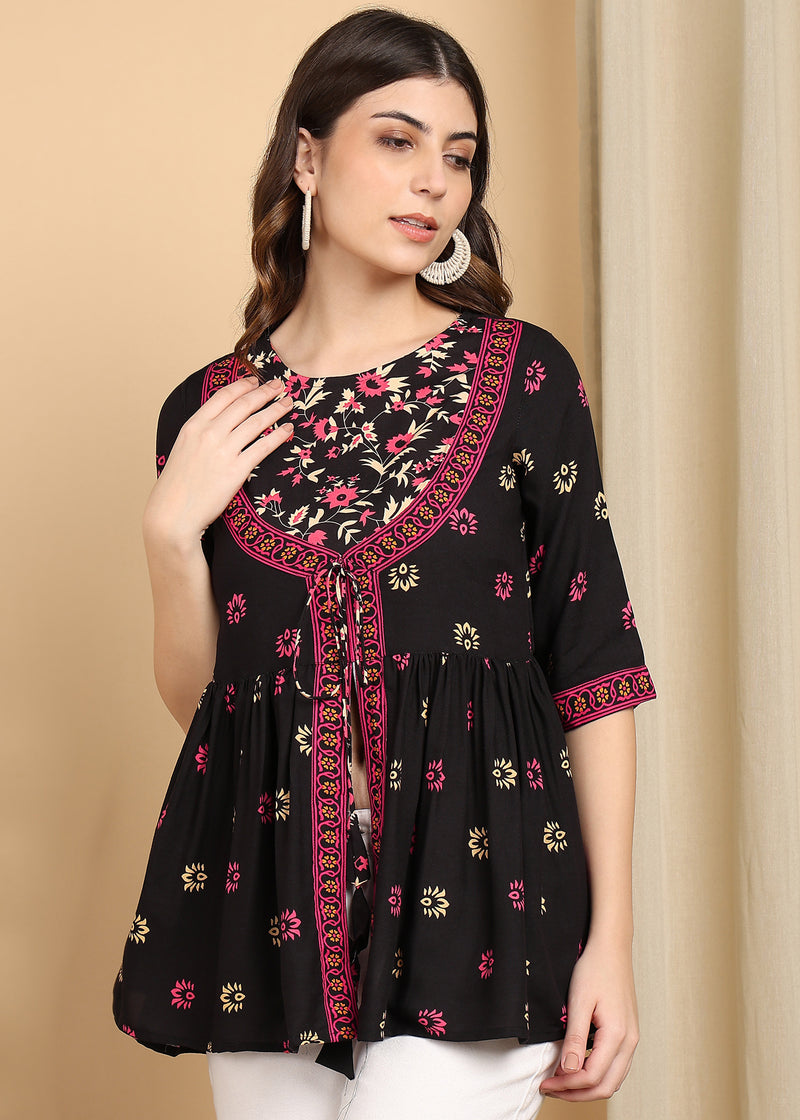 Women's Black Printed Rayon Casual Top