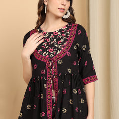 Women's Black Printed Rayon Casual Top