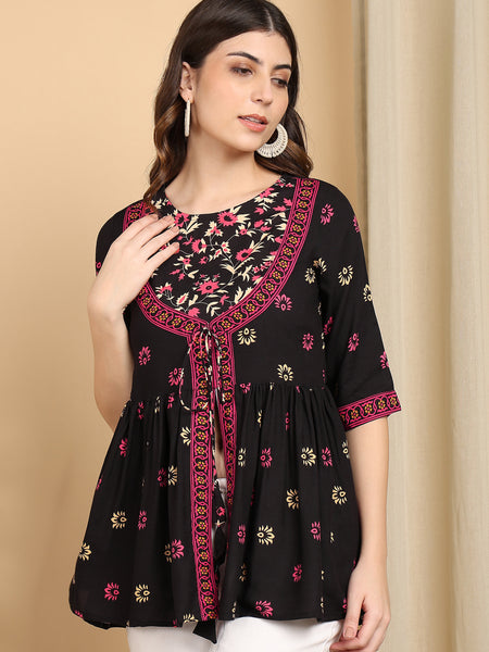 Women's Black Printed Rayon Casual Top
