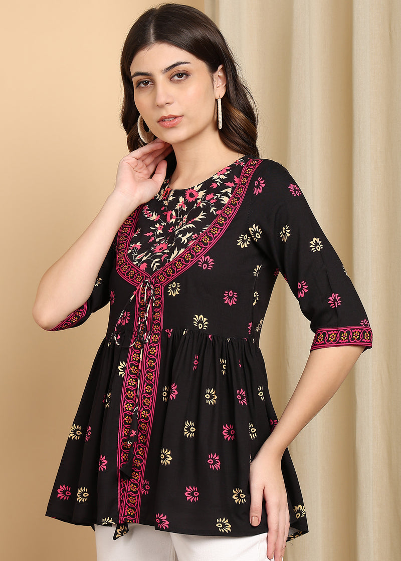 Women's Black Printed Rayon Casual Top