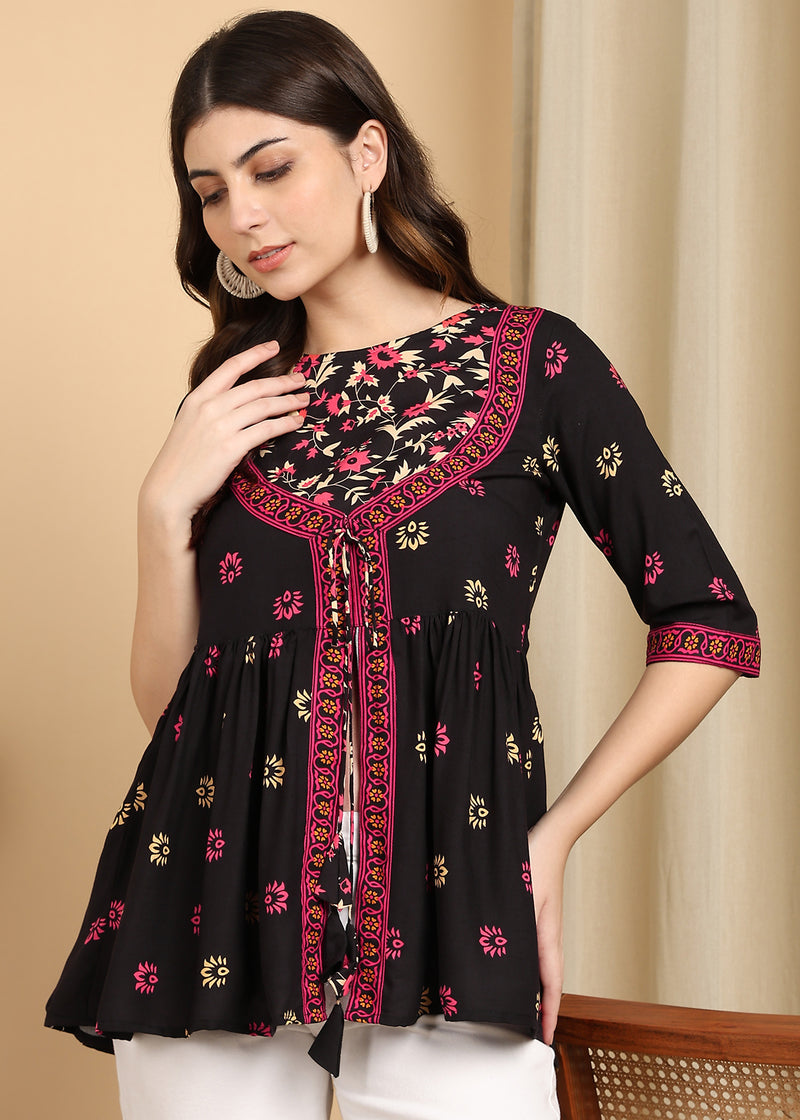 Women's Black Printed Rayon Casual Top