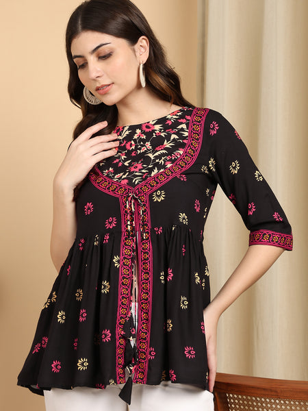 Women's Black Printed Rayon Casual Top