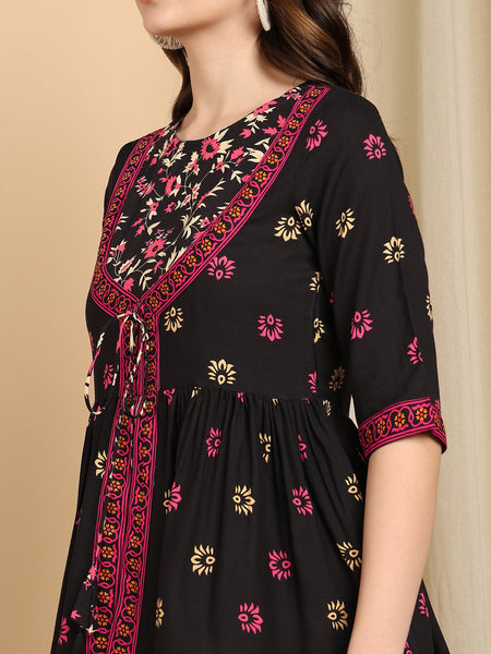 Women's Black Printed Rayon Casual Top