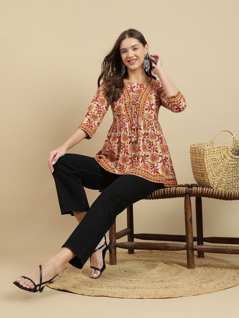 Women's Red Printed Cotton Top