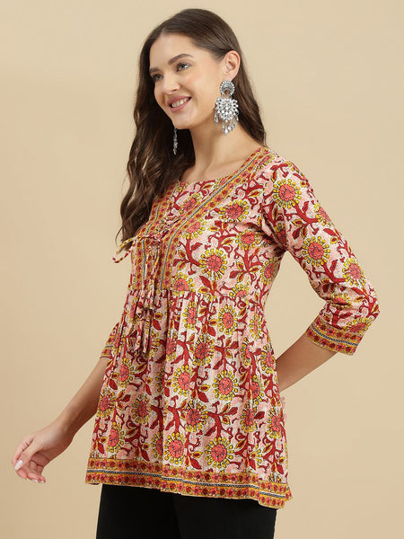 Women's Red Printed Cotton Top