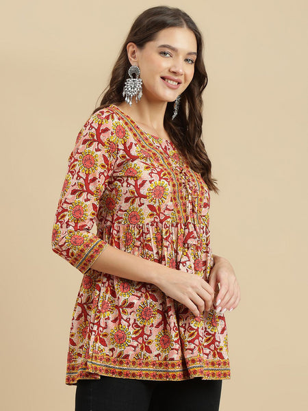Women's Red Printed Cotton Top