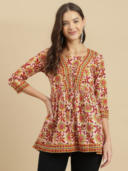 Women's Red Printed Cotton Top