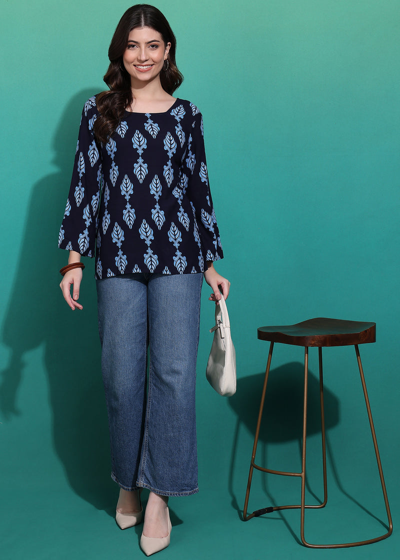 Women's Blue Printed Rayon Casual Top