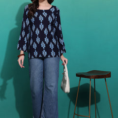 Women's Blue Printed Rayon Casual Top