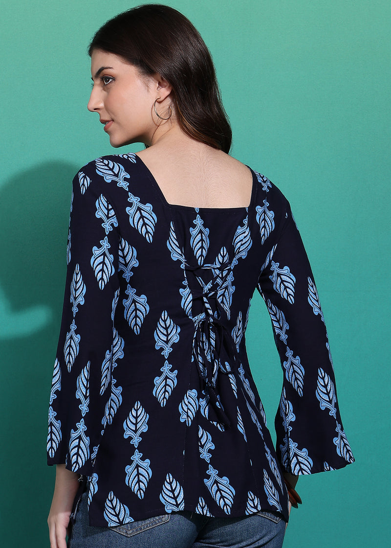 Women's Blue Printed Rayon Casual Top