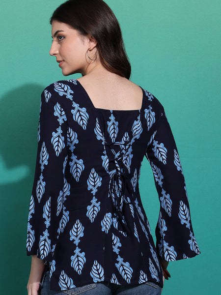 Women's Blue Printed Rayon Casual Top