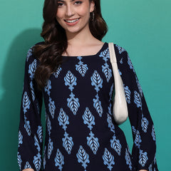 Women's Blue Printed Rayon Casual Top