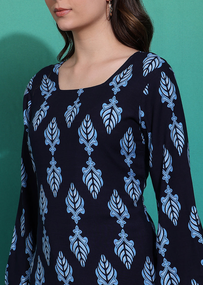 Women's Blue Printed Rayon Casual Top
