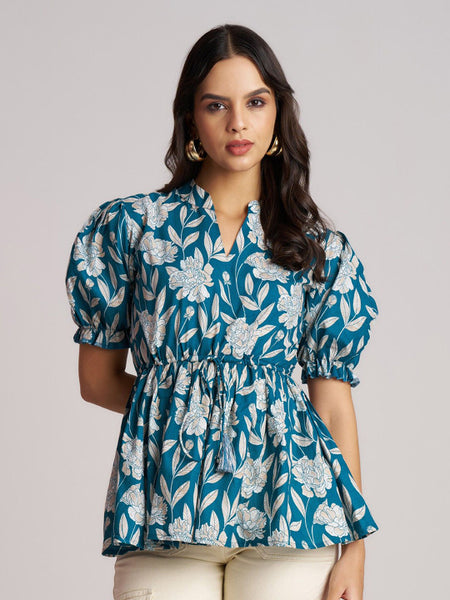 Women's Blue Printed Rayon Daily Wear Top