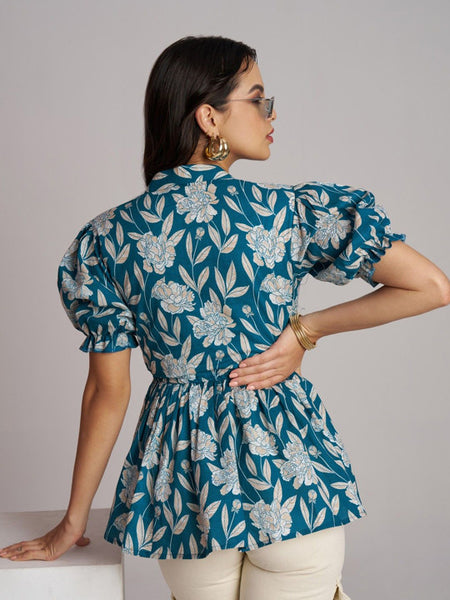 Women's Blue Printed Rayon Daily Wear Top