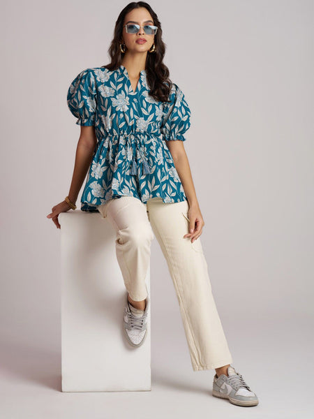 Women's Blue Printed Rayon Daily Wear Top