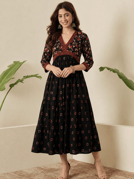 Classic Black Printed Rayon Kurta for Women