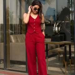 Bold Red Cotton Flex Sleeveless Co-Ord Set