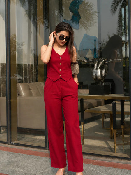 Bold Red Cotton Flex Sleeveless Co-Ord Set