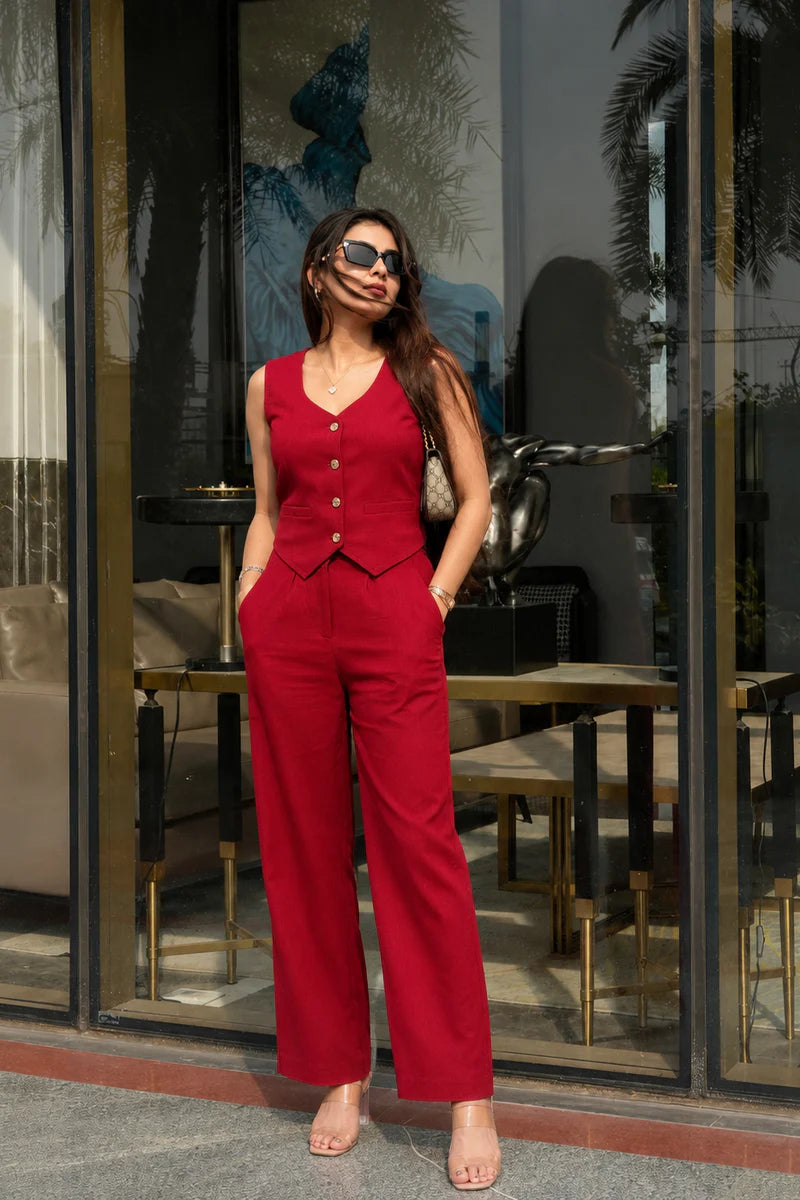 Bold Red Cotton Flex Sleeveless Co-Ord Set