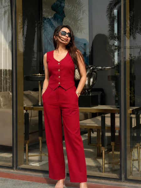 Bold Red Cotton Flex Sleeveless Co-Ord Set