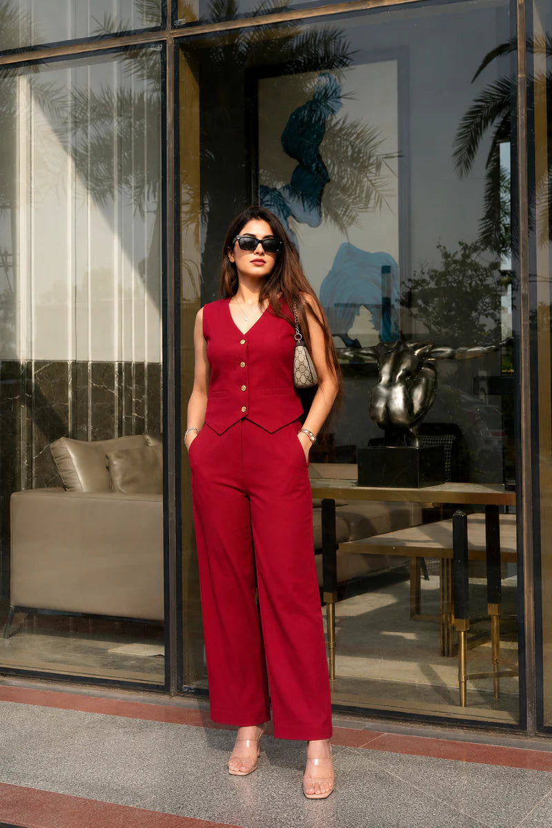 Bold Red Cotton Flex Sleeveless Co-Ord Set