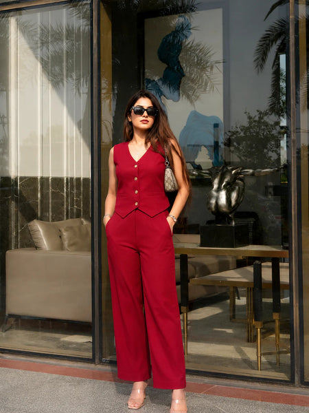Bold Red Cotton Flex Sleeveless Co-Ord Set