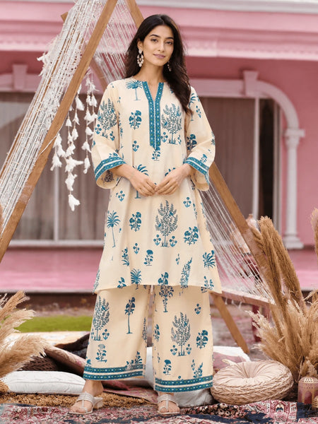 Blue Bloom Cotton Kurta Palazzo Co-ord Set