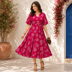 Women’s Floral Wrap Waist Midi Dress