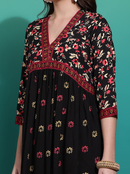 Classic Black Printed Rayon Kurta for Women