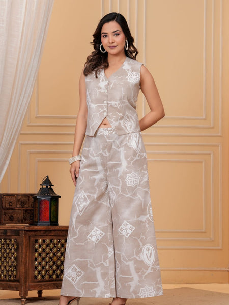 Women’s Cream Grey Abstract Printed Sleeveless Co-ord Set