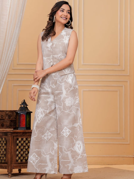Women’s Cream Grey Abstract Printed Sleeveless Co-ord Set