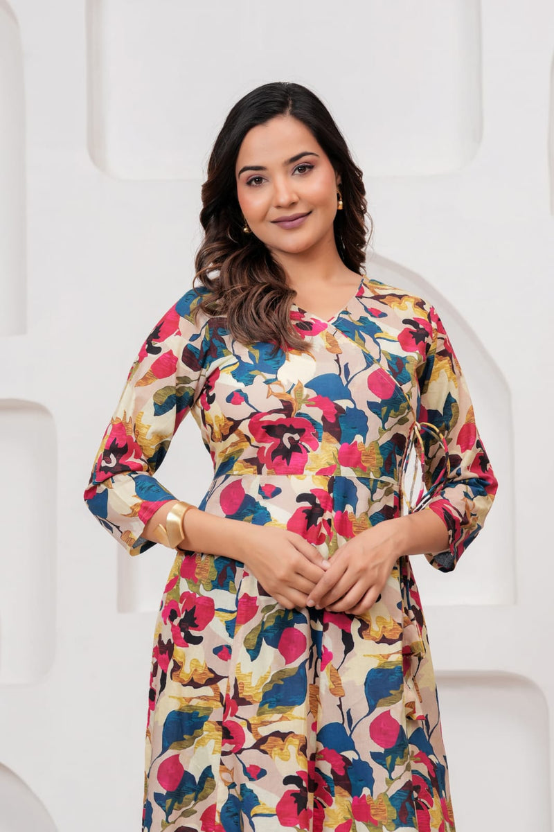 Multicolor Floral Print Wrap Style Kurti