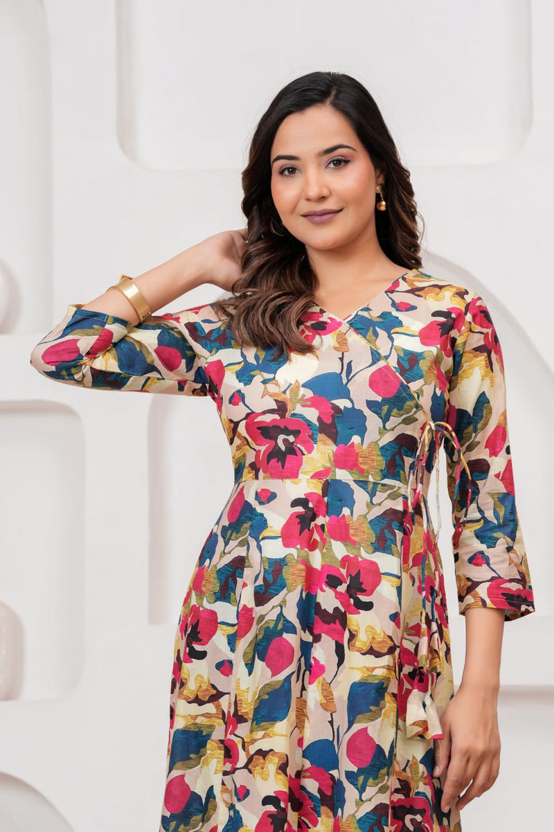 Multicolor Floral Print Wrap Style Kurti