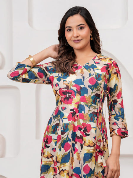 Multicolor Floral Print Wrap Style Kurti