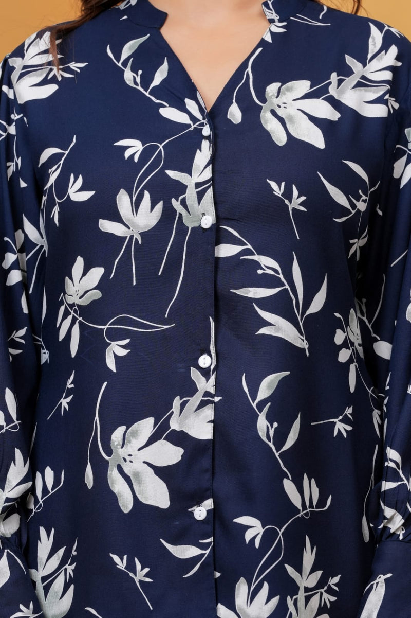 Navy Blue Floral Print Shirt Top