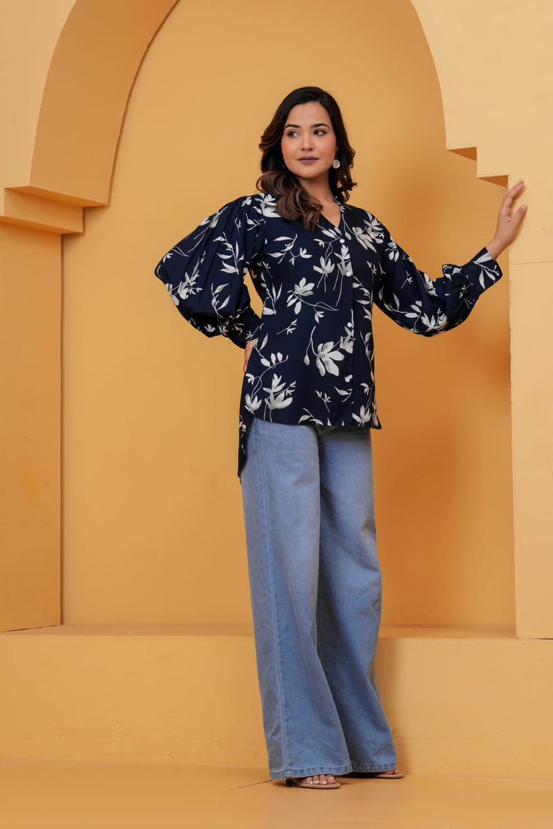 Navy Blue Floral Print Shirt Top
