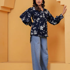 Navy Blue Floral Print Shirt Top