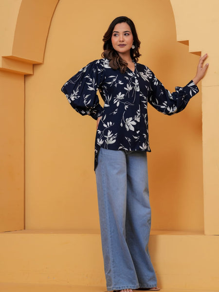 Navy Blue Floral Print Shirt Top