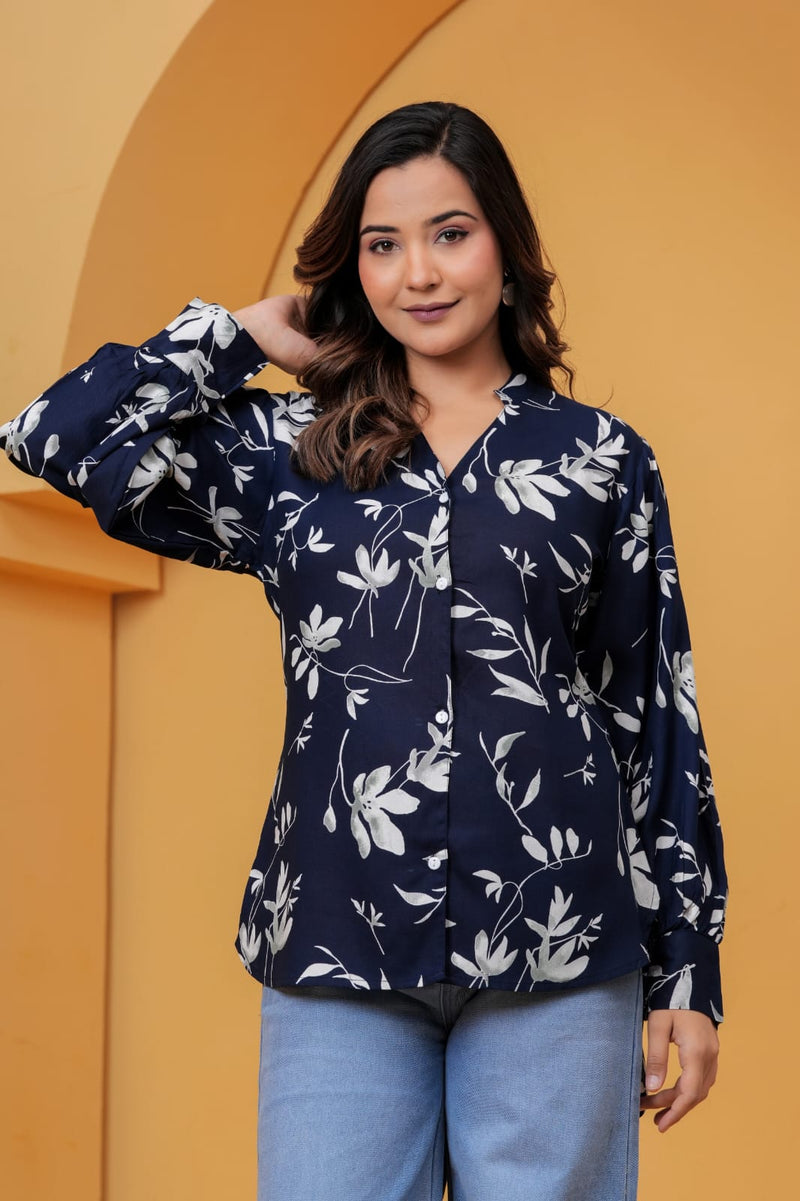 Navy Blue Floral Print Shirt Top