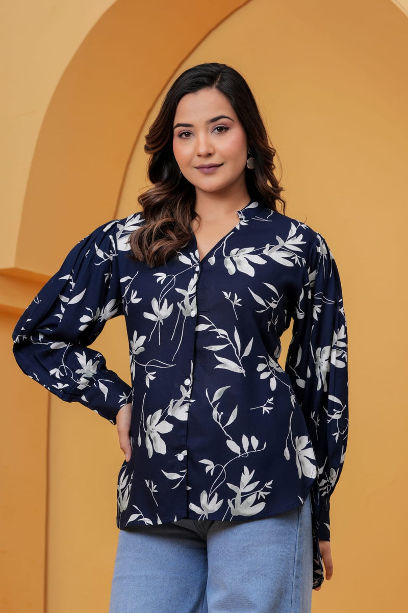 Navy Blue Floral Print Shirt Top