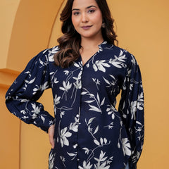 Navy Blue Floral Print Shirt Top