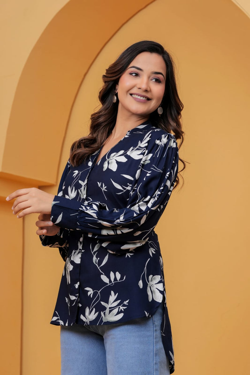 Navy Blue Floral Print Shirt Top