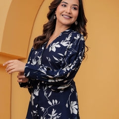 Navy Blue Floral Print Shirt Top